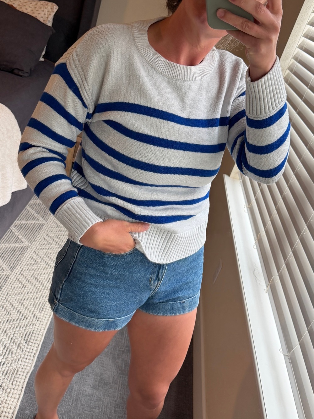 Philosophy White & Cobalt Blue Striped Crewneck Sweater